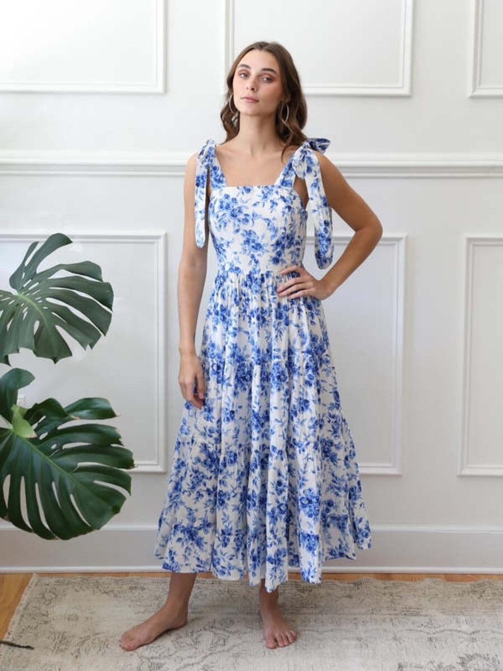 Mille Daphne maxi dress ruffle tiered midi bows cotton floral print tie straps
